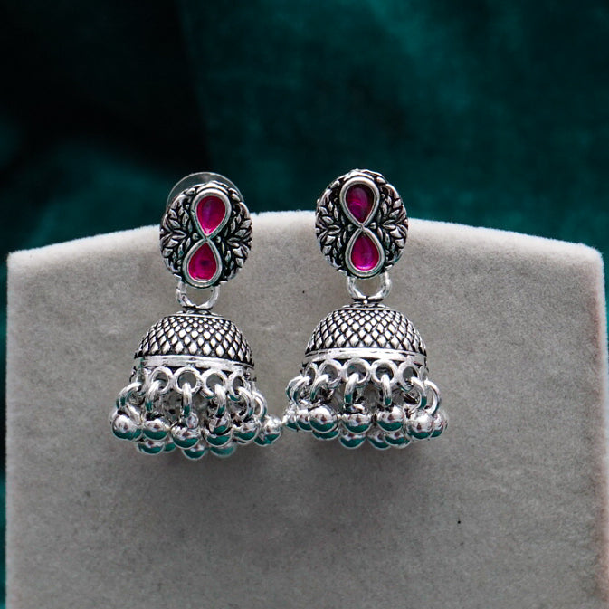 Rajasthani Oxidized Silver Heart-Shaped Jhumkis with Elegant Red Stone Detailing