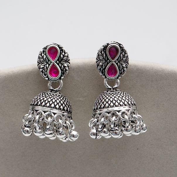 Rajasthani Oxidized Silver Heart-Shaped Jhumkis with Elegant Red Stone Detailing
