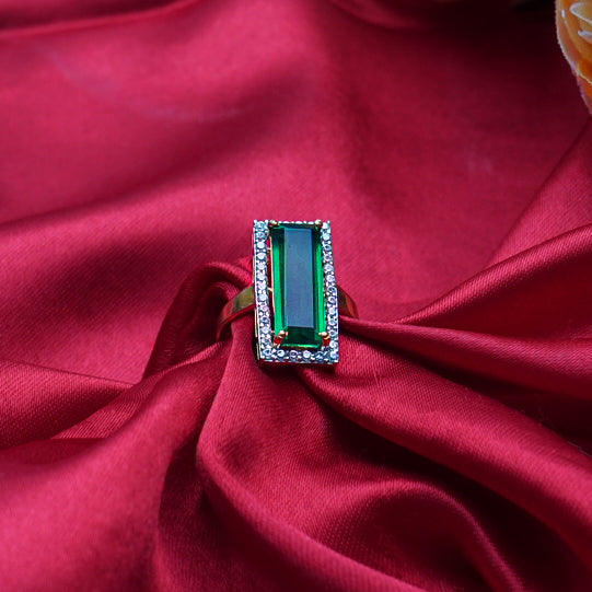 "A luxurious gold ring featuring a striking rectangular green gemstone as its. centerpiece, exuding elegance and timeless sophistication."